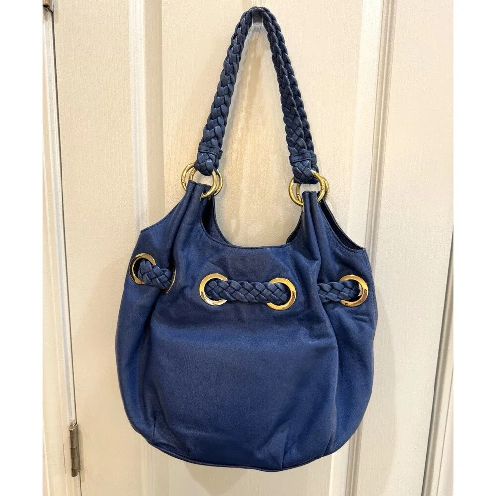 Michael Kors Shoulder Bag Braided Handle Tassel Gold Hardware Logo Charm Blue